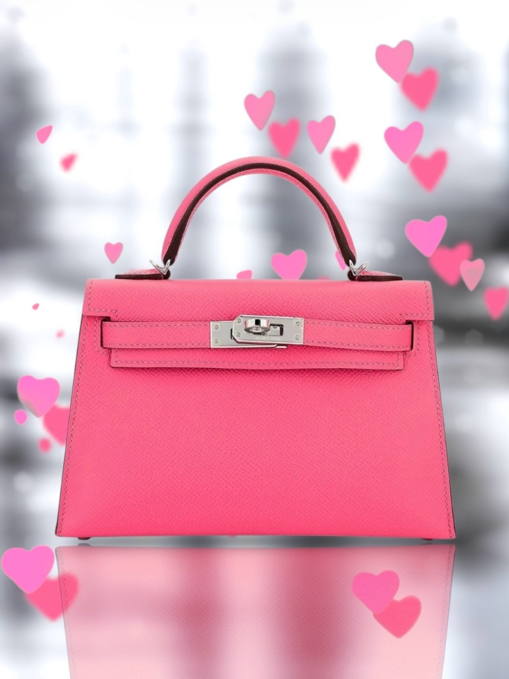 🆕💗HERMES Kelly Mini Epsom Top Handle Crossbody Bag ROSE AZALEE (8W) Palladium HW
